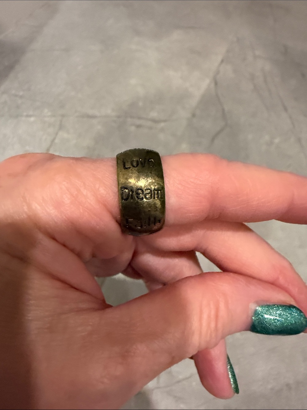 Hand-Stamped Brass Tone Inspiring Message Ring - Olive Green